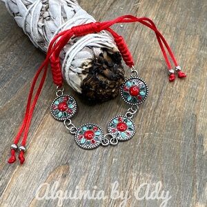 Red cord and coral turquoise silver links bracelet